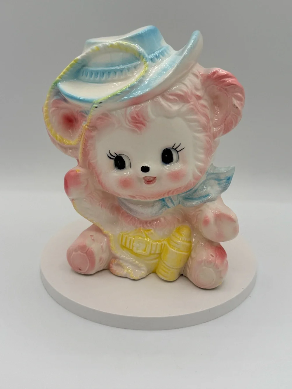 1950’s Vintage Ceramic Pink Bear Figurine Planter with Pastel Hat - Picture 1 of 7